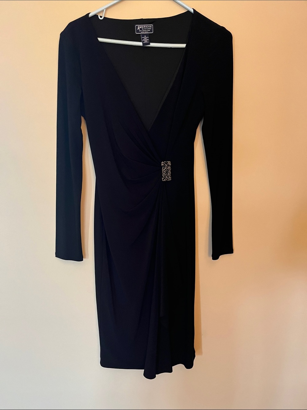 American Living Black Long-Sleeve Wrap Dress with Embellished Waist